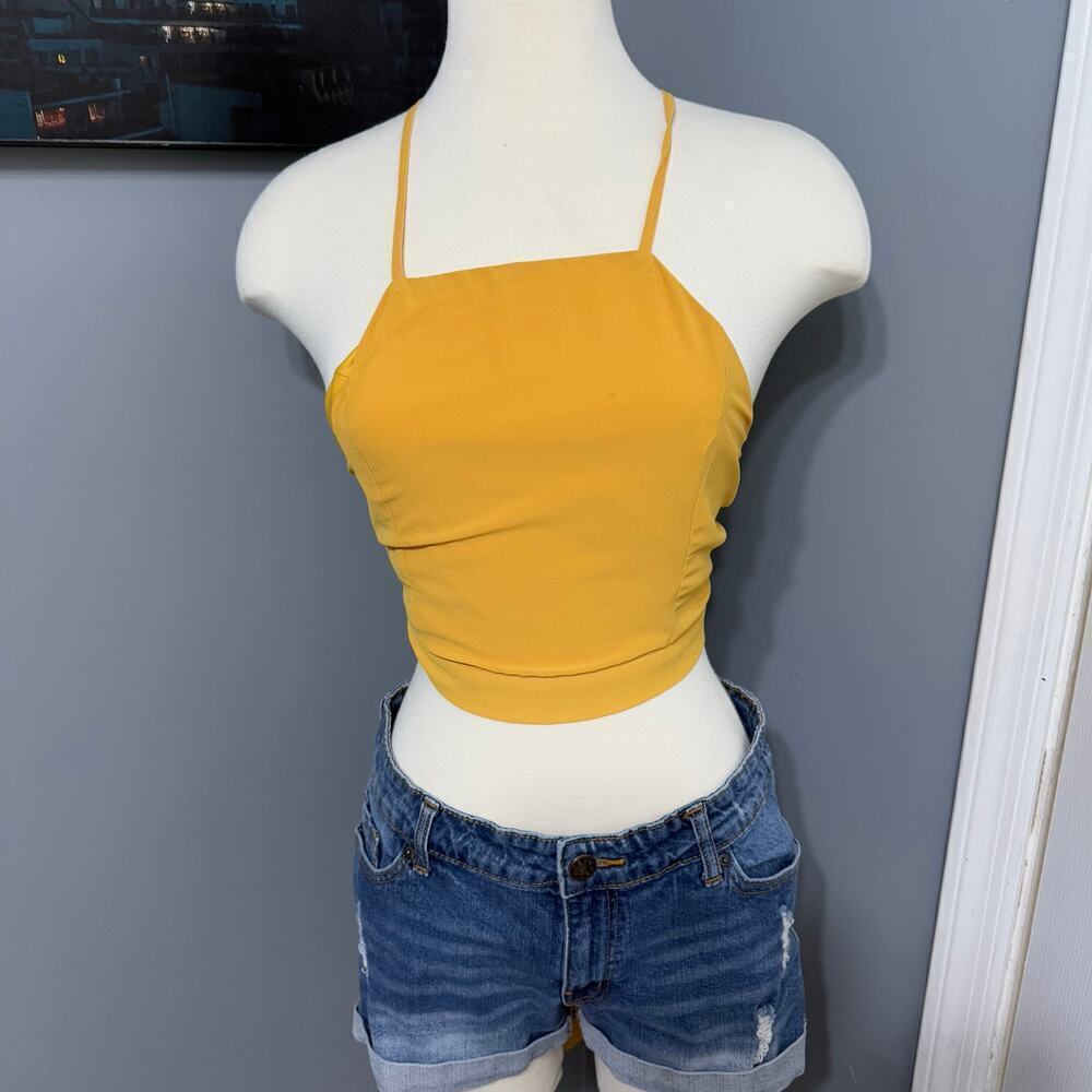 Papermoon Womens Camisole Halter Neck Back Tie Crop Top, Yellow, L